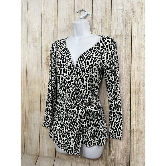 Vtg Y2K Cache Faux Wrap Top S Black White Animal Print Stretch Slim Mob Wife - Picture 2 of 8